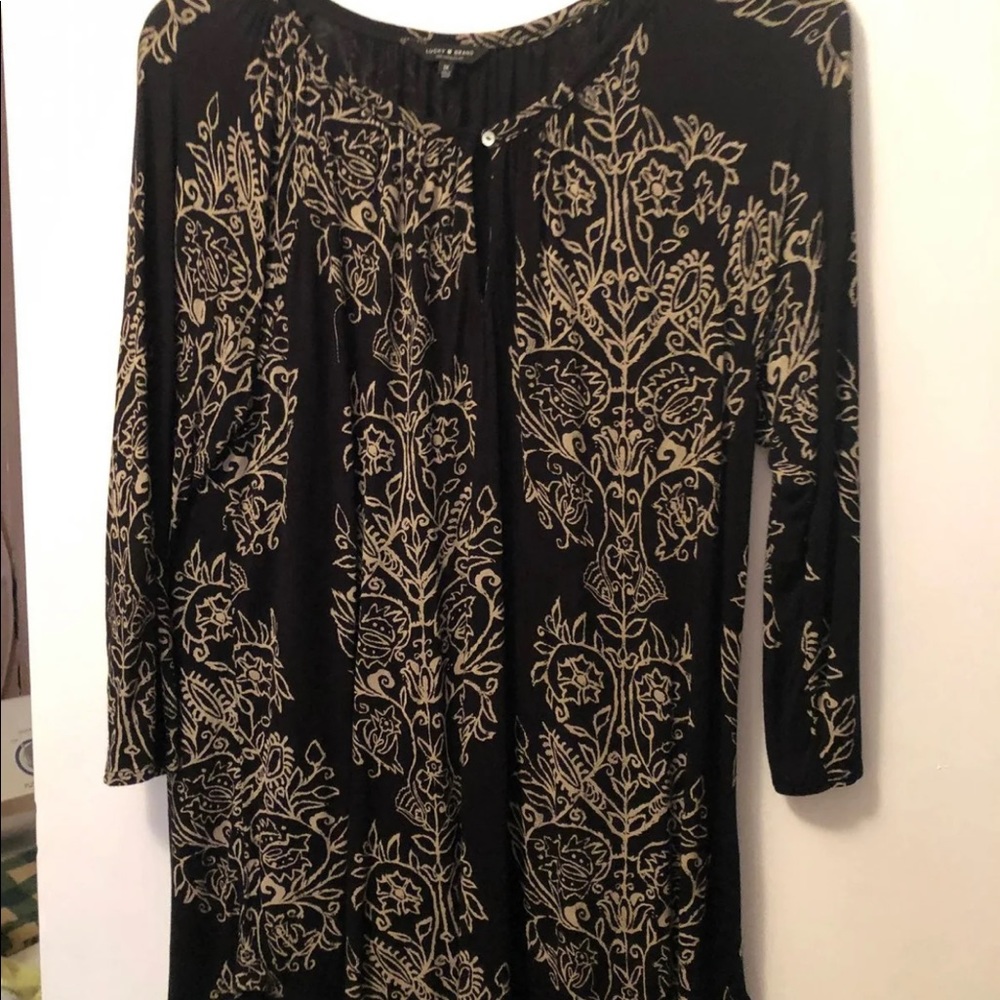 Lucky Brand Black and Gold Printed Long-Sleeve Blouse